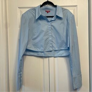 STAUD Seneca Blue Cropped Cotton Button Down Shirt